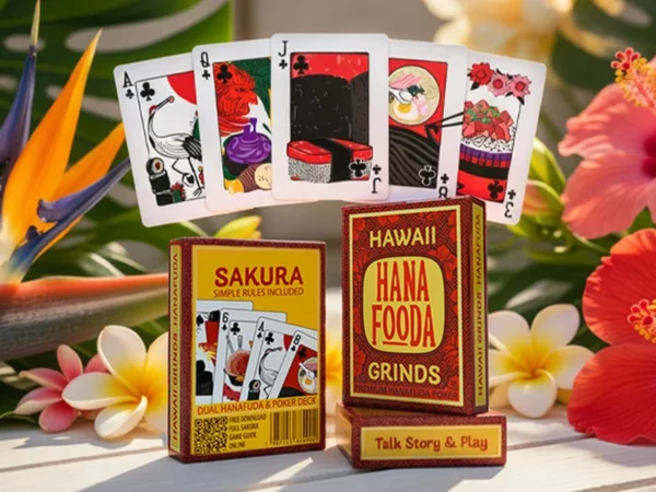 A hybrid poker deck, limited edition featuring tropical flowers in the background on a white table, and showing some key face cards for the hawaiian sakura game of hanafuda.
