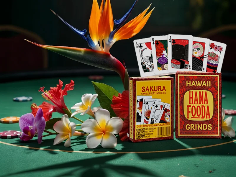 Hawaiian style poker cards on a green felt poker table for table top game nights, with accent tropical flowers