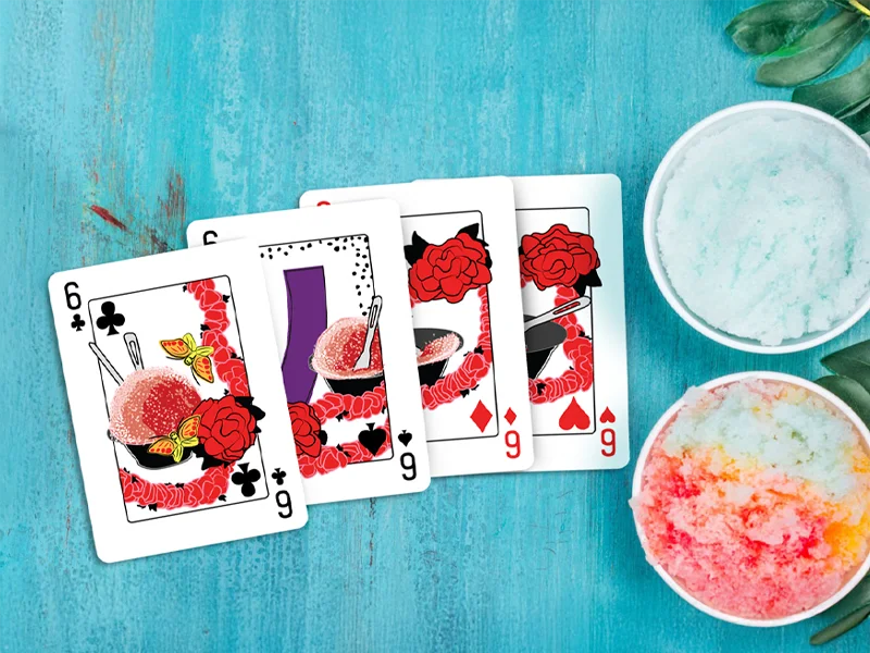 Shave ice cards in the Hanafooda, Hawaii Grinds poker playing card deck. Featuring unique illustrations