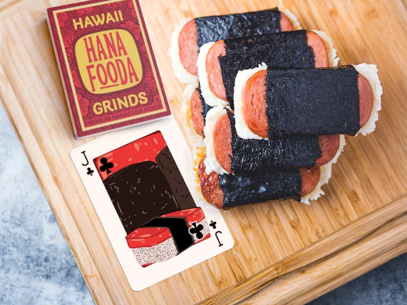 Close up of the spam gaji card, showing real life stack of spam musubi as the inspiration for the card design